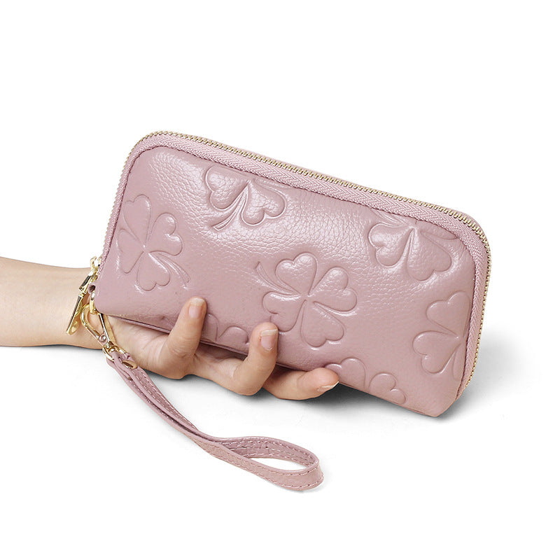Women's First Layer Cowhide Four-leaf Clover Embossed Simple Clutch High-grade Genuine Bags
