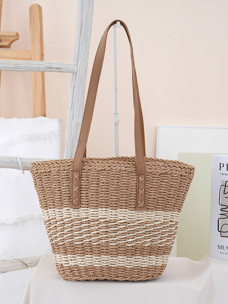 Capacity Straw Summer Stitching Contrast Color Fashion Vacation Bags