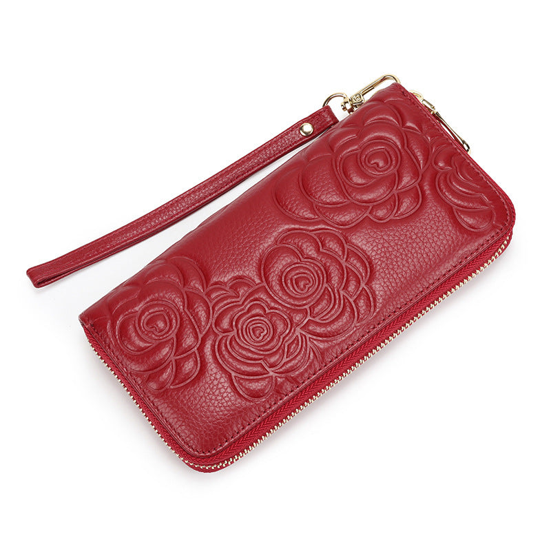 Women's Camellia Long Leather Zipper Soft Hand Bags