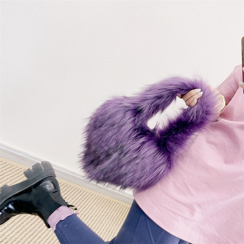 Children's Size Heart Imitation Raccoon Fur Plush Handbags