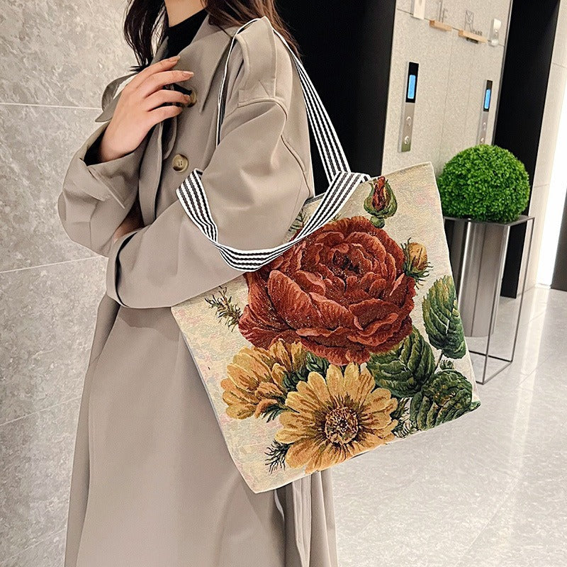 Women's Large Capacity Totes Gold Silk Embroidered Canvas Creative Women's Shoulder Bag