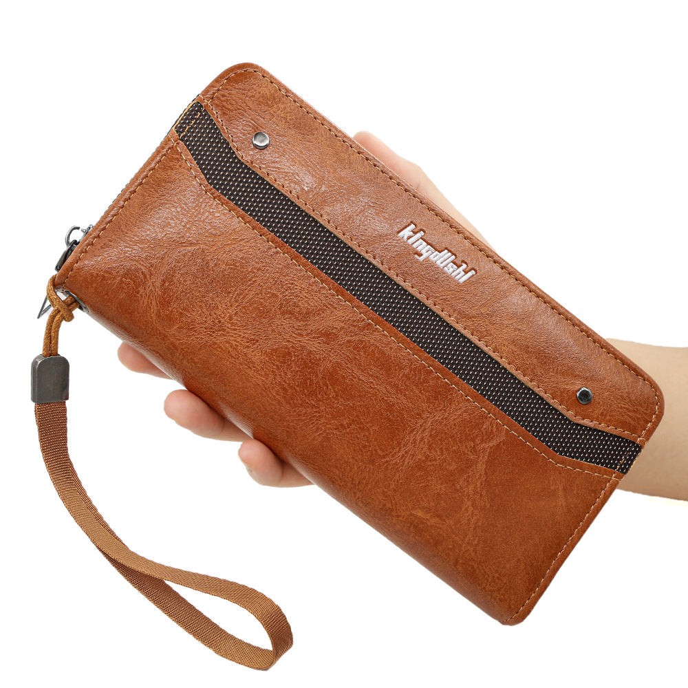 Men's Direct Wholesale Long Leather Patchwork Vintage Zipper Phone Bags