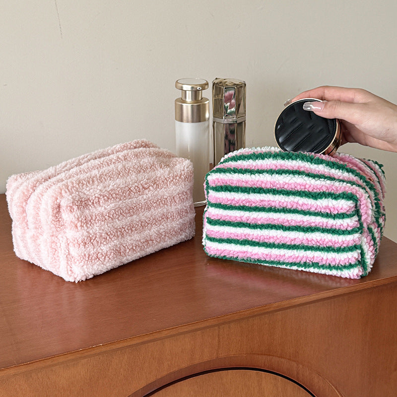 Plush Contrast Color Stripe Large Capacity Pillow Fresh Portable Storage Cosmetic Bags