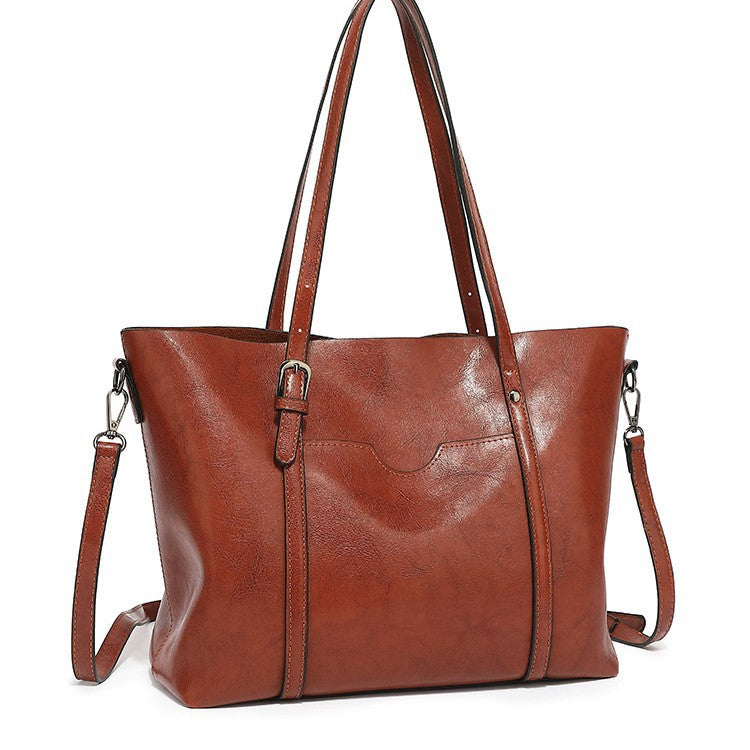 Women's Fashion Trendy Oil Leather Portable Big Women's Shoulder Bag