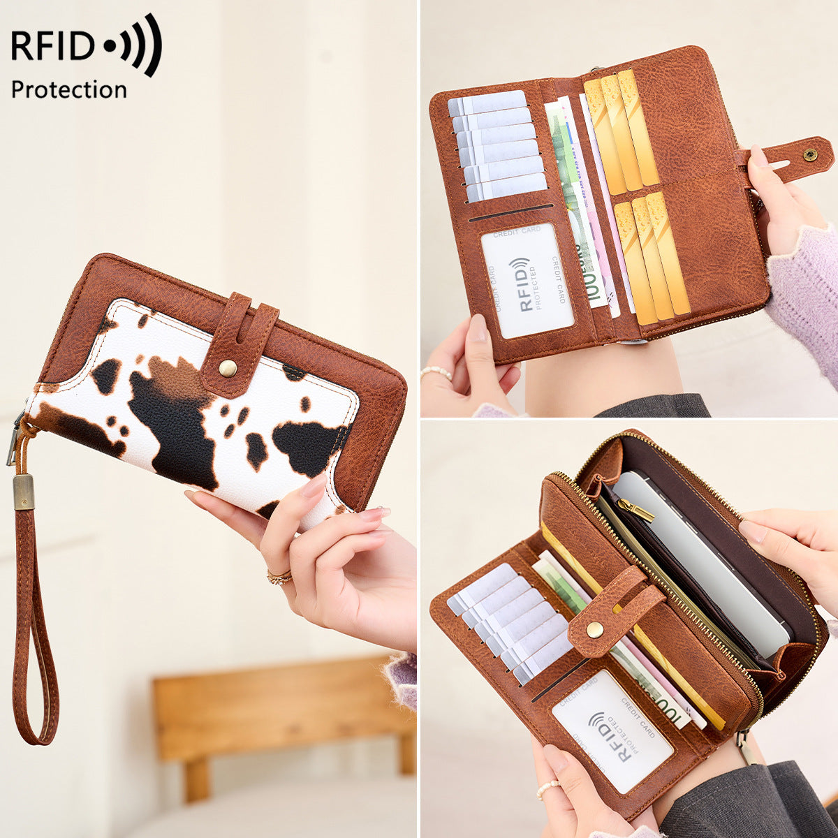 Women's Swiping Printing Contrast Color Retro Long Ladies Wallet