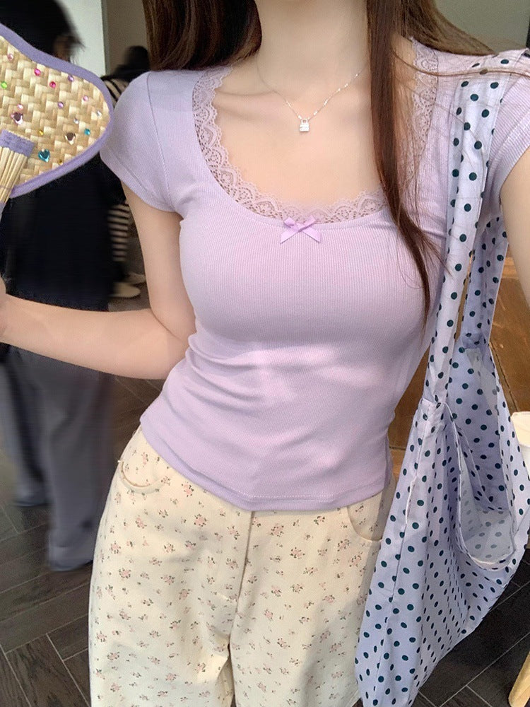 Short-sleeved Lace Back Pure Style Design T-shirt Outer Tanks Camis