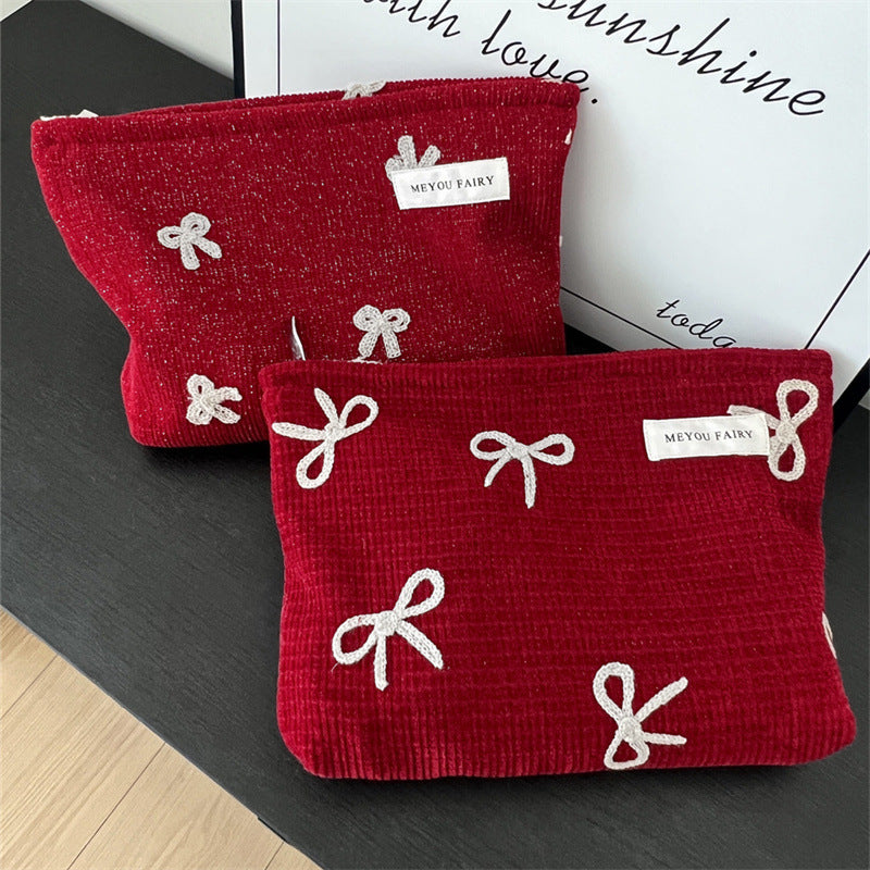Portable Large Capacity Red Bow Wash Liner Girly Cosmetic Bags