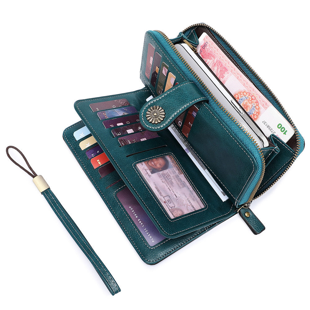 Women's Mobile Oil Leather Hand Long Zipper Coin Purses