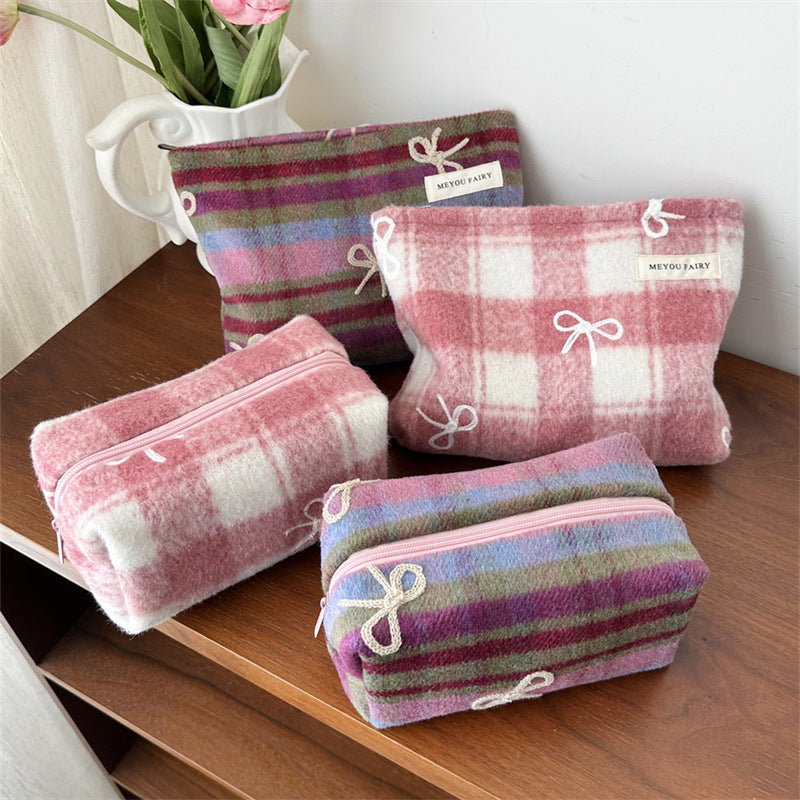 Plaid Woolen Bow Storage Large Capacity Wash Makeup Bag