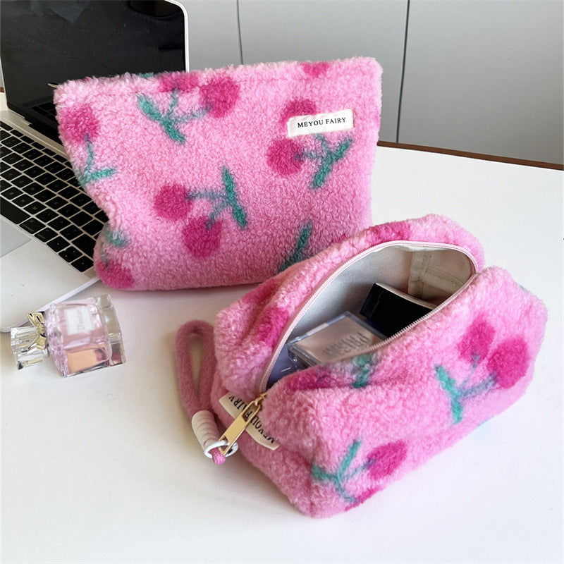 Plush Pink Cherry Sweet Storage Wash Makeup Bag