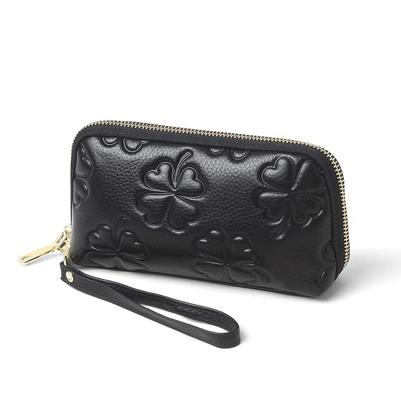 Women's First Layer Cowhide Four-leaf Clover Embossed Simple Clutch High-grade Genuine Bags