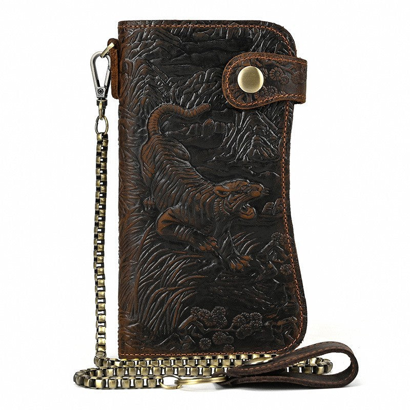 Men's Crazy Horse Leather Long Iron Chain Clutch Multi Men's Wallet