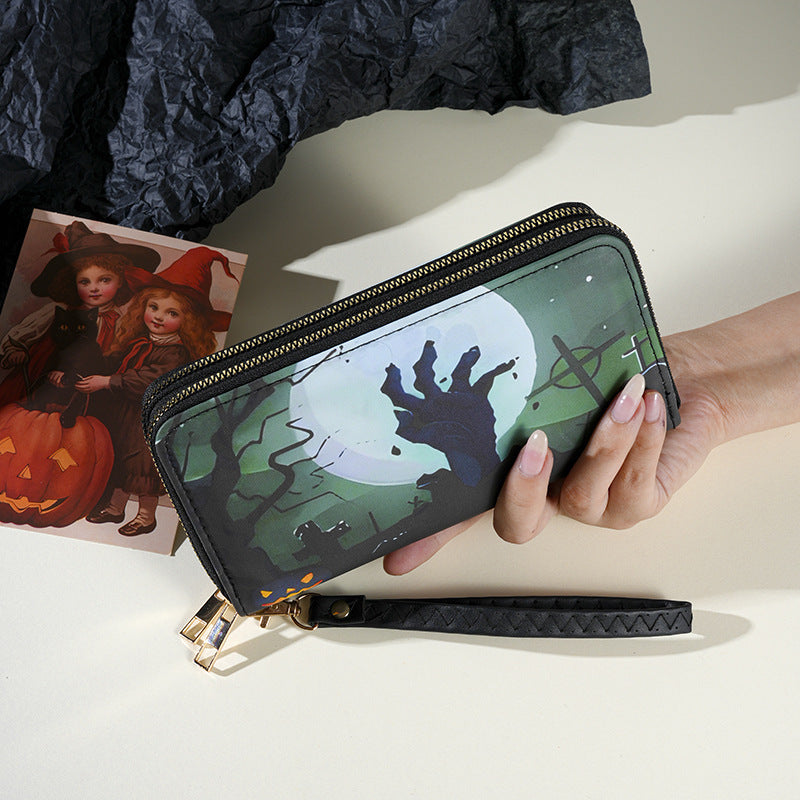 Trendy Printed Double Zipper Halloween Clutch Ladies Wallet