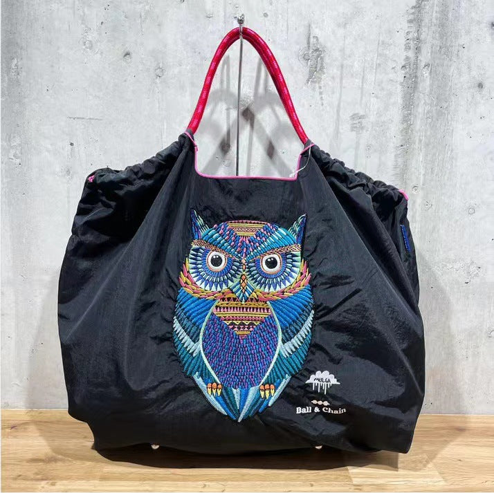 Owl Embroidery Green Shopping Nylon Cloth Waterproof Portable Women's Shoulder Bag