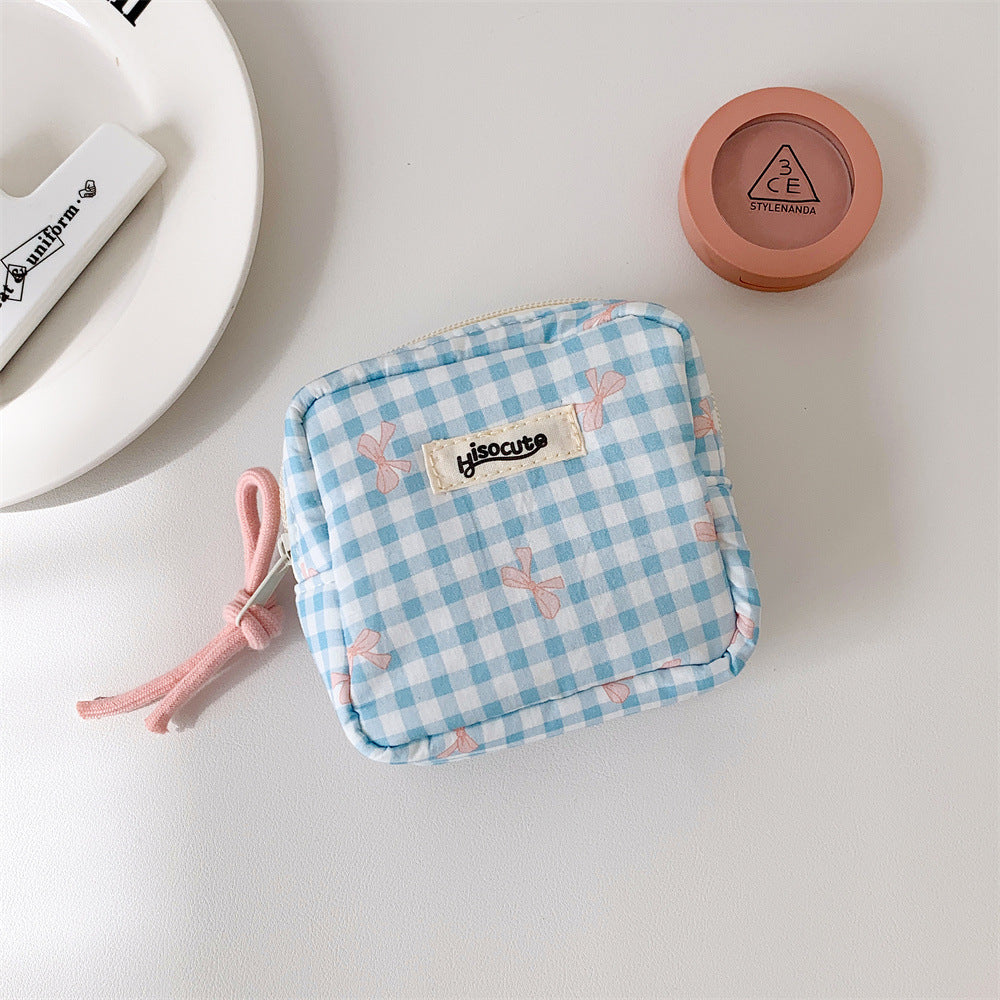 Women's Plaid Bowknot Portable Out Sanitary Napkin Storage Makeup Bag