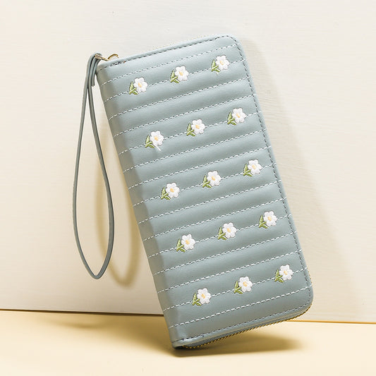 Women's Style Long Single Zipper Embroidered Fresh Sweet Ladies Wallets