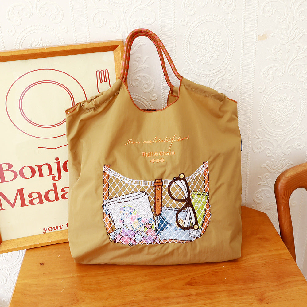 Women's Summer Needle Embroidery Nylon Large Capacity Shoulder Bags