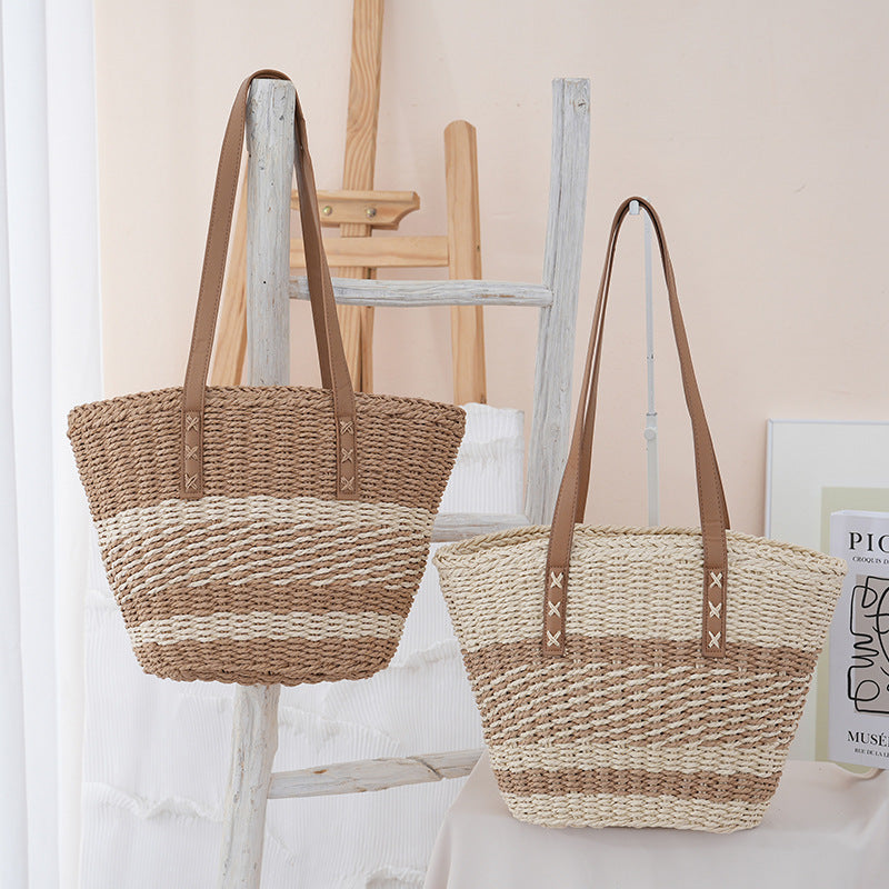 Capacity Straw Summer Stitching Contrast Color Fashion Vacation Bags