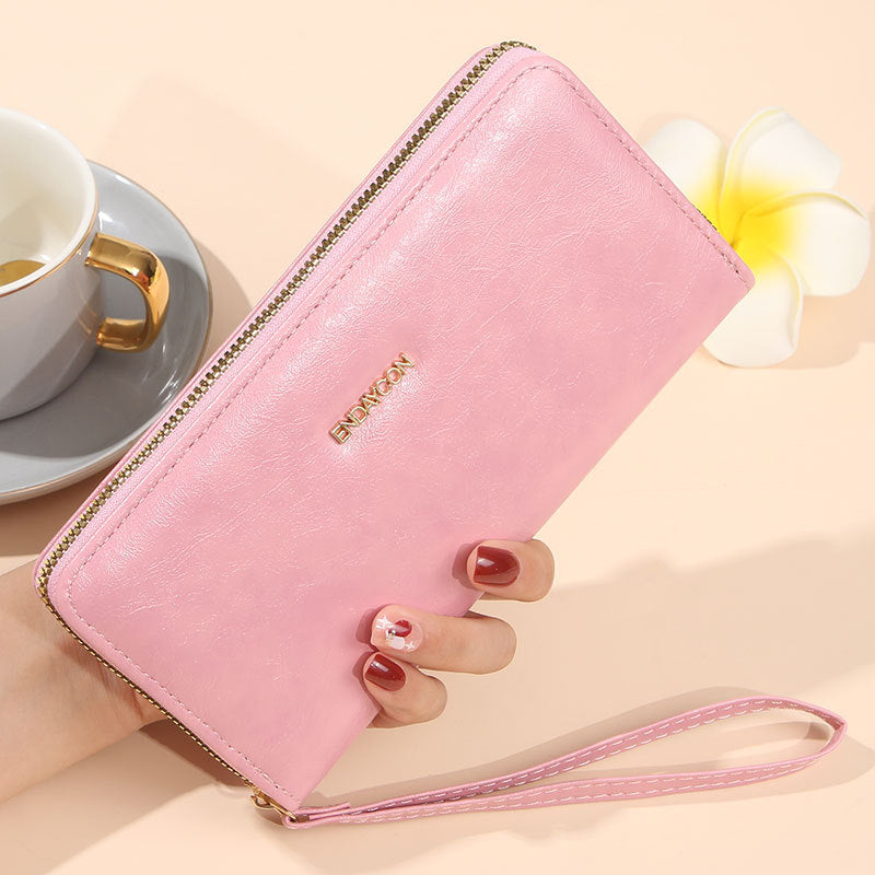 Women's Long Oil Wax Leather Fashion Large Capacity Simple Zipper Ladies Wallet