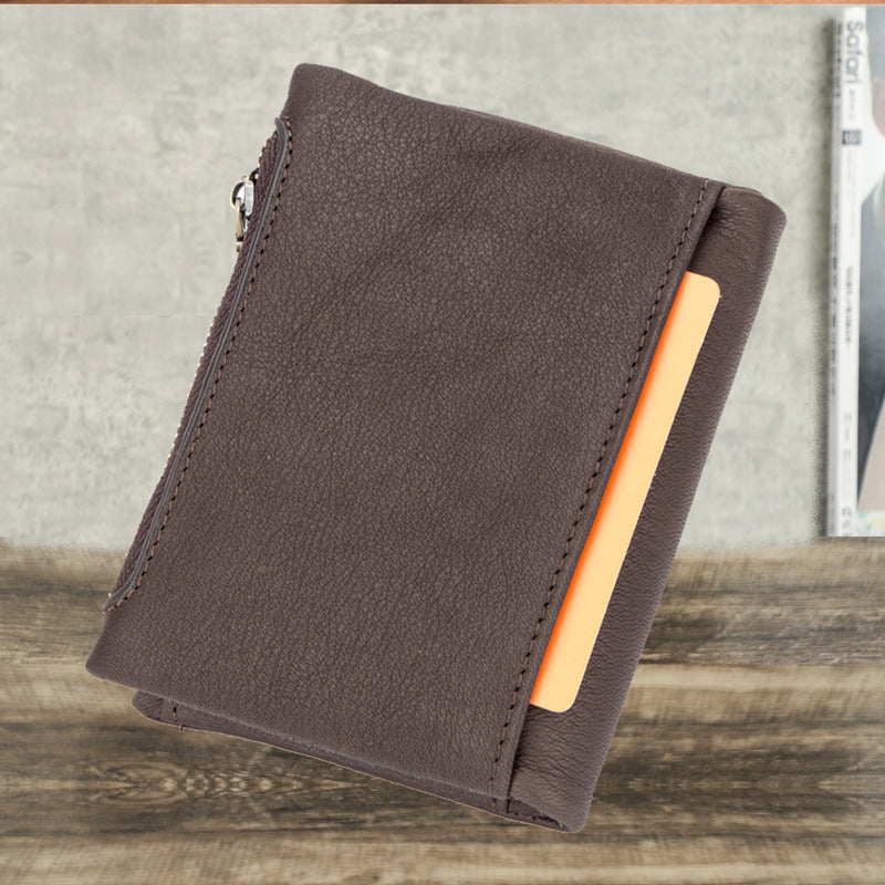 Men's Double Zipper Cowhide Retro Crazy Horse Buckle