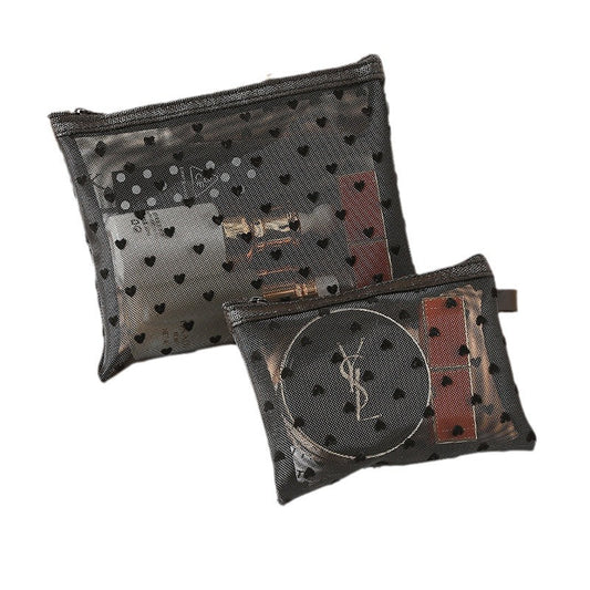 Flocking Pink Mesh Heart Portable Wash Cosmetic Bags