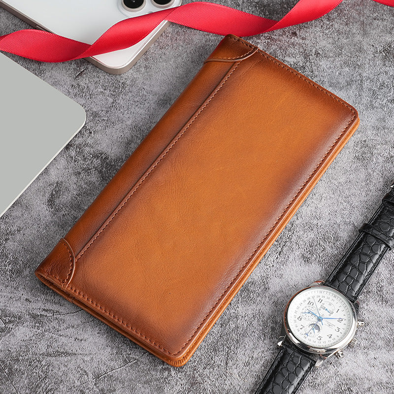 Men's Cowhide Vintage Oil Wax Genuine Leather Long Men's Wallet