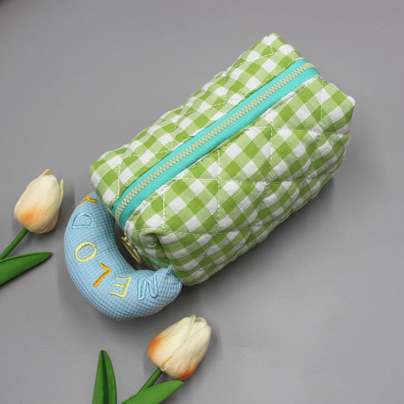 Women's Large Capacity Checked Cloth Pencil Embroidery Cotton Cosmetics Storage Makeup Bag
