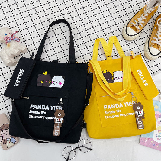 Supply Canvas Cartoon Bear Two-piece Large Crossbody Bags