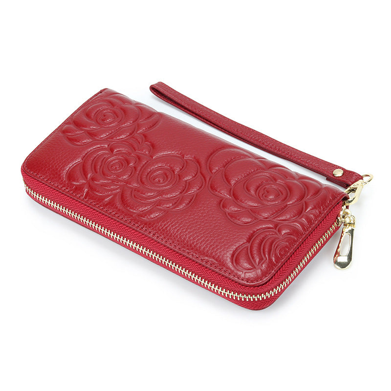 Women's Camellia Long Leather Zipper Soft Hand Bags