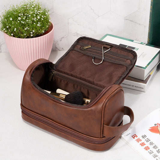 Men's Simplicity Leather Cosmetics Storage Convenient Neutral Wash With Hook Cosmetic Bags