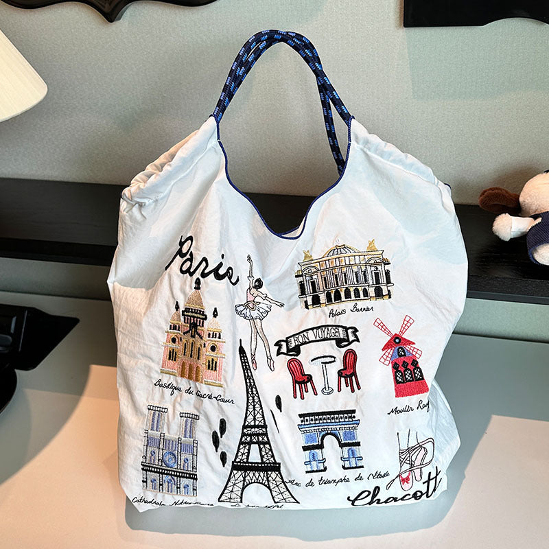 Iron Tower Embroidery Shopping Large Capacity Handbags