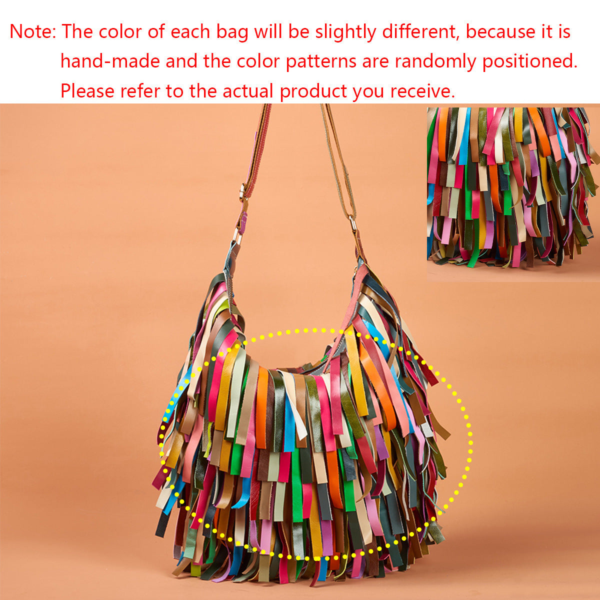 Women's Genuine Leather Bohemian Retro Tassel Contrast Color Women's Shoulder Bag