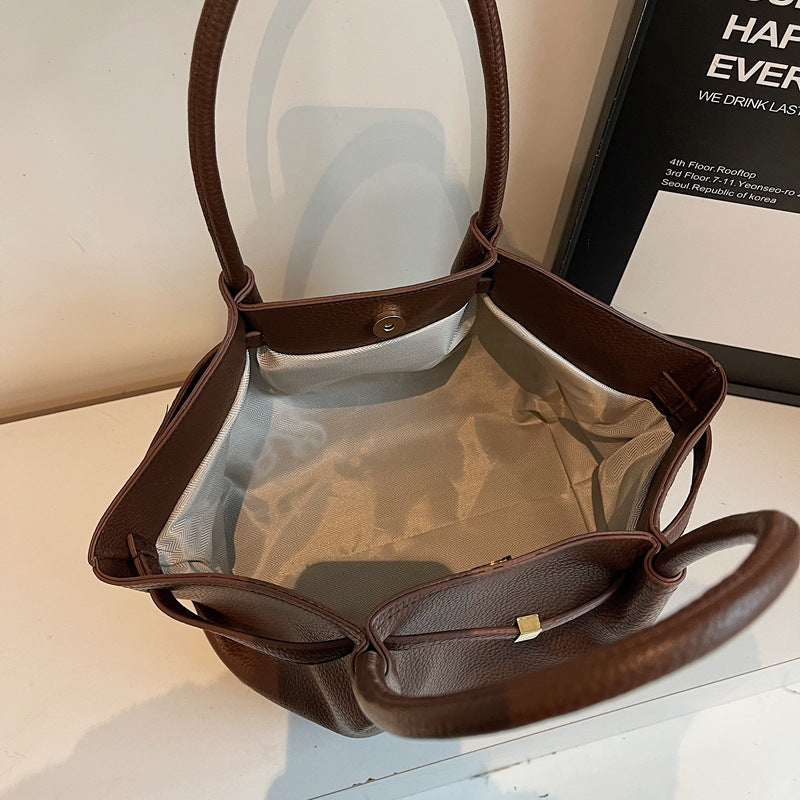 Women's Retro Lychee Pattern Portable Vegetable Basket Large Capacity Niche Pleated Women's Shoulder Bag