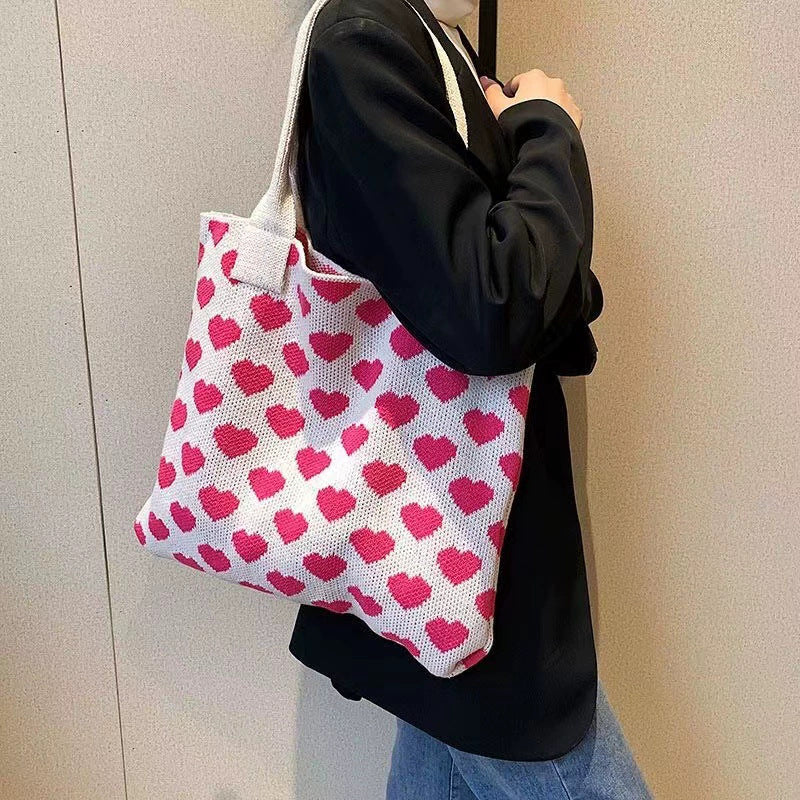 Sister Striped Knitted Large Capacity Woven Women's Shoulder Bag