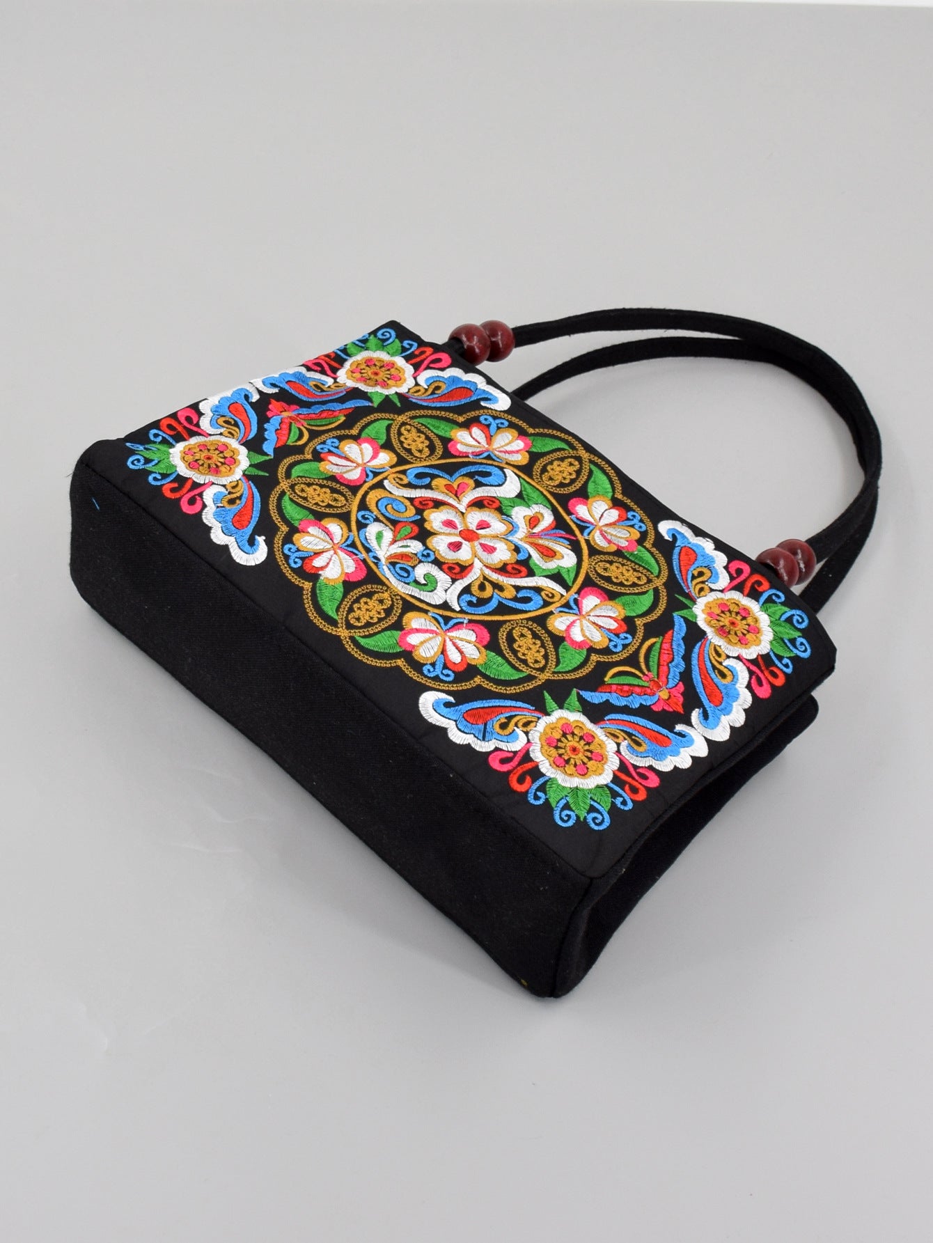 Style Double Sided Embroidery Wooden Bead Layer Zipper Portable Handbags
