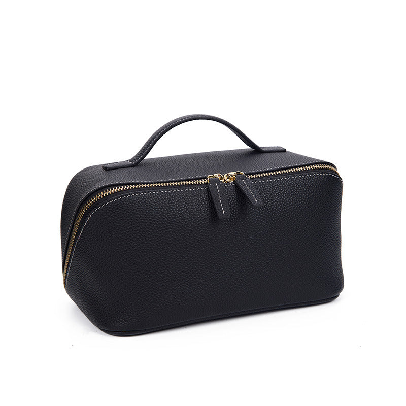 Women's Cowhide Textured Portable Toiletry Fashionable Leather Makeup Bag