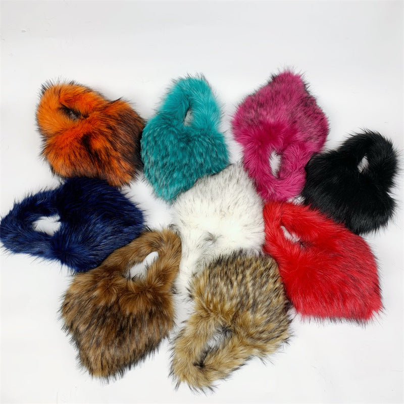 Children's Size Heart Imitation Raccoon Fur Plush Handbags