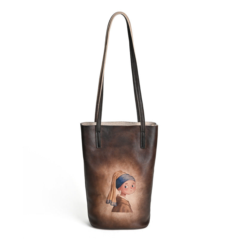 Layer Cowhide Idle Style Artistic Retro Printing Women's Messenger Bag