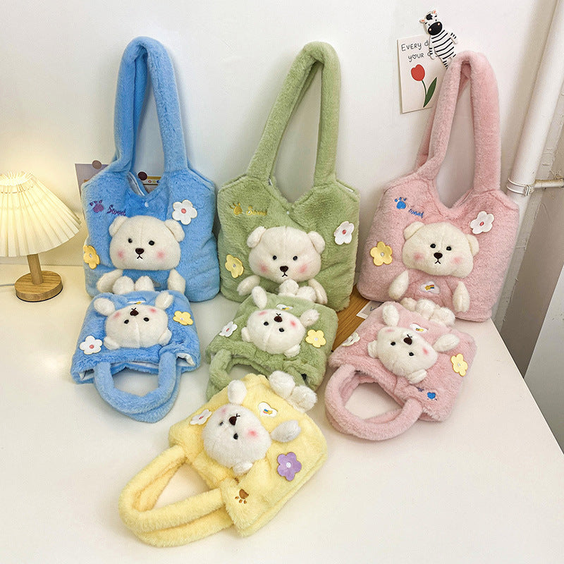 Fresh Cute Three-dimensional Bear Fur Hand Heart Out Handbags