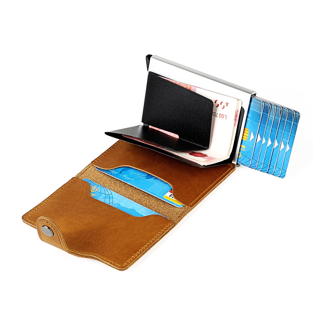 Retro Crazy Horse Leather Automatic Aluminum Card Holder