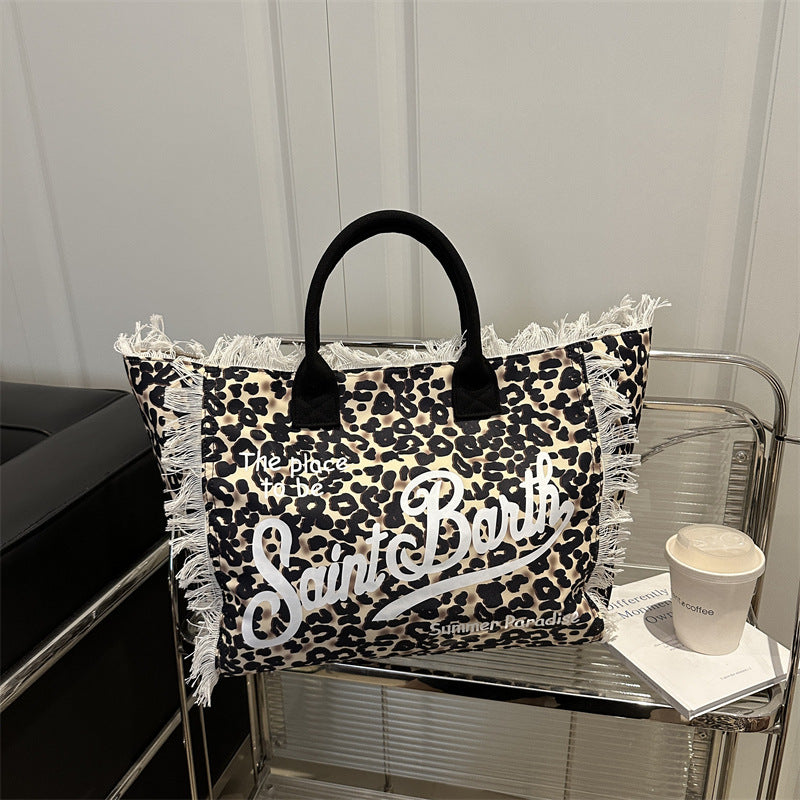 Capacity Leisure Leopard Print Canvas Printed Letter Commuter Portable Women's Shoulder Bag