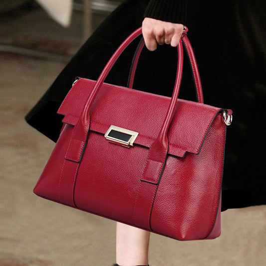 Women's Cowhide Solid Color Stitching Large Business Handbags