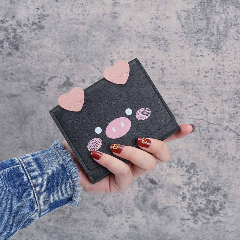 Short Female Cartoon Piggy Cute Three Folding Coin Purses