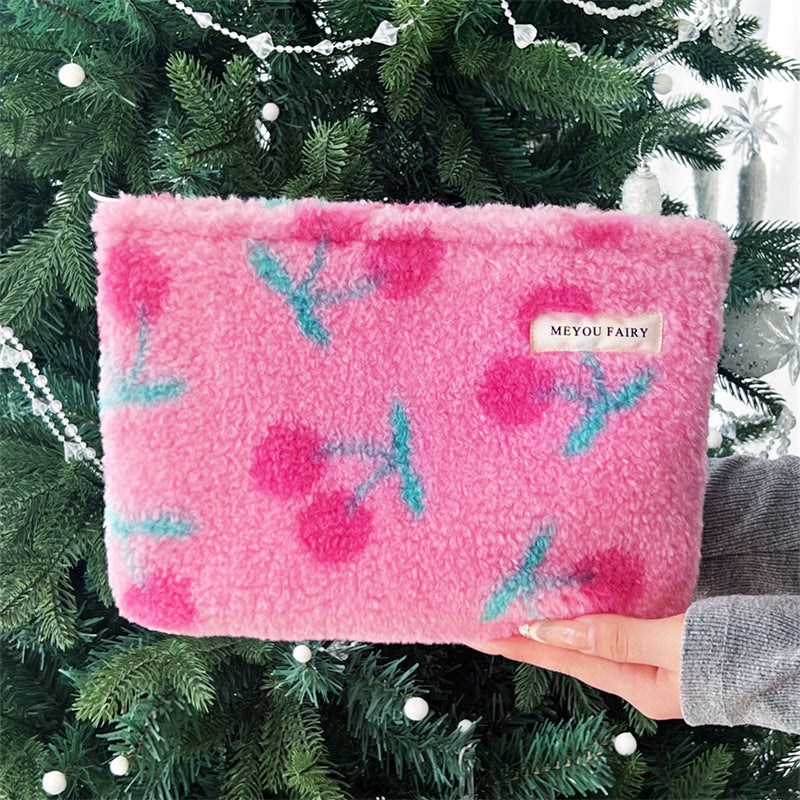 Plush Pink Cherry Sweet Storage Wash Makeup Bag