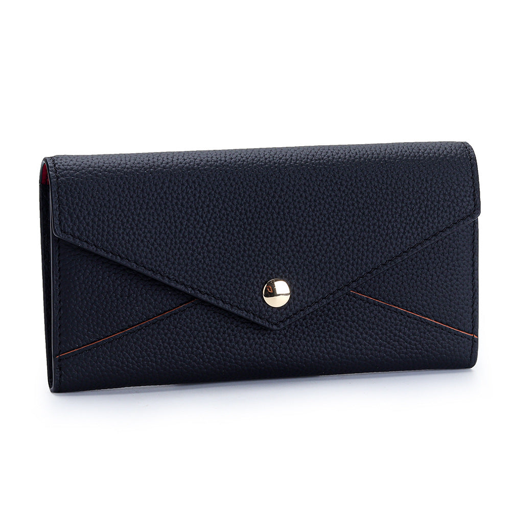 Women's First Layer Long Cowhide Contrast Color Fashion Stitching Large Ladies Wallet