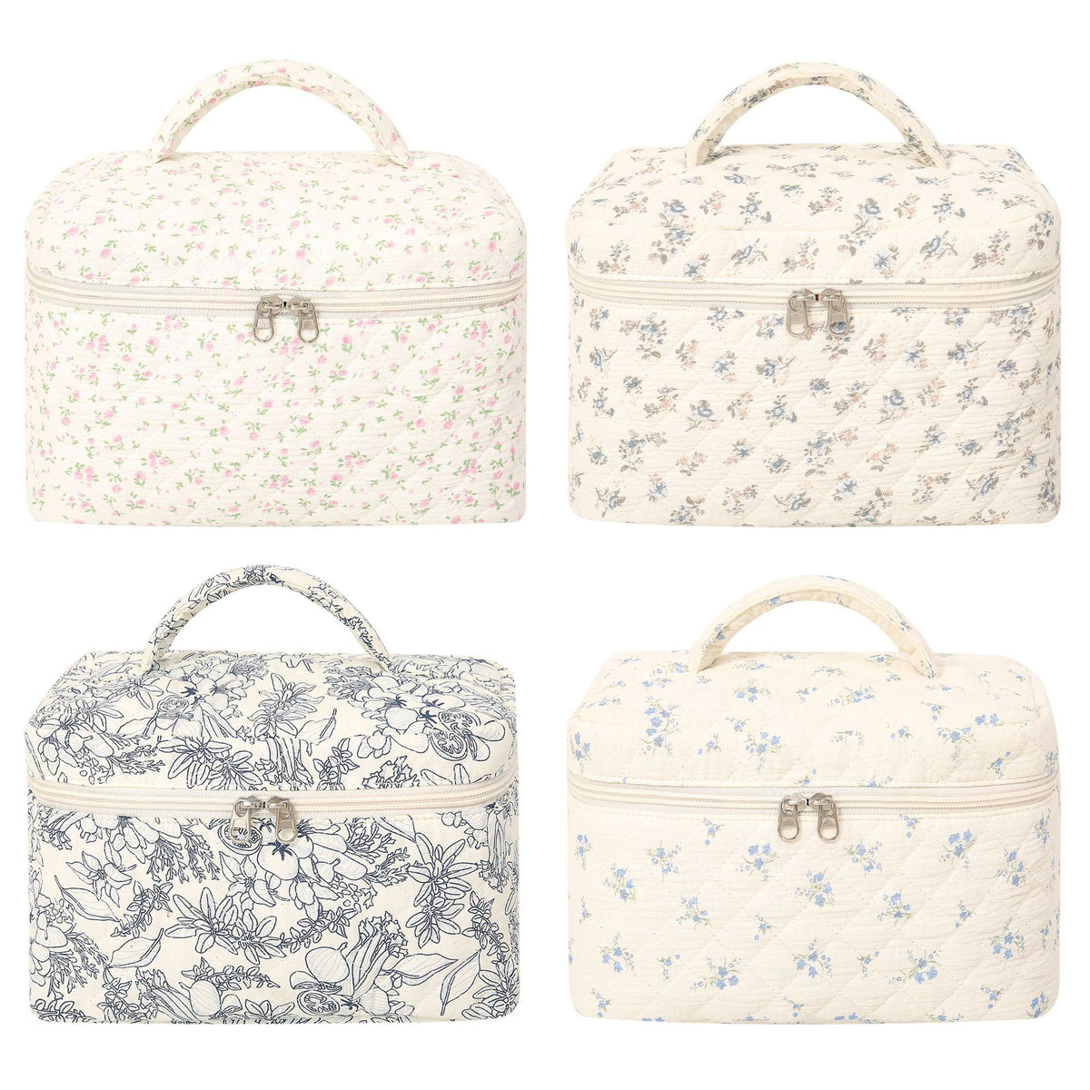 Portable Large Capacity Quilted Floral Cotton Makeup Bag