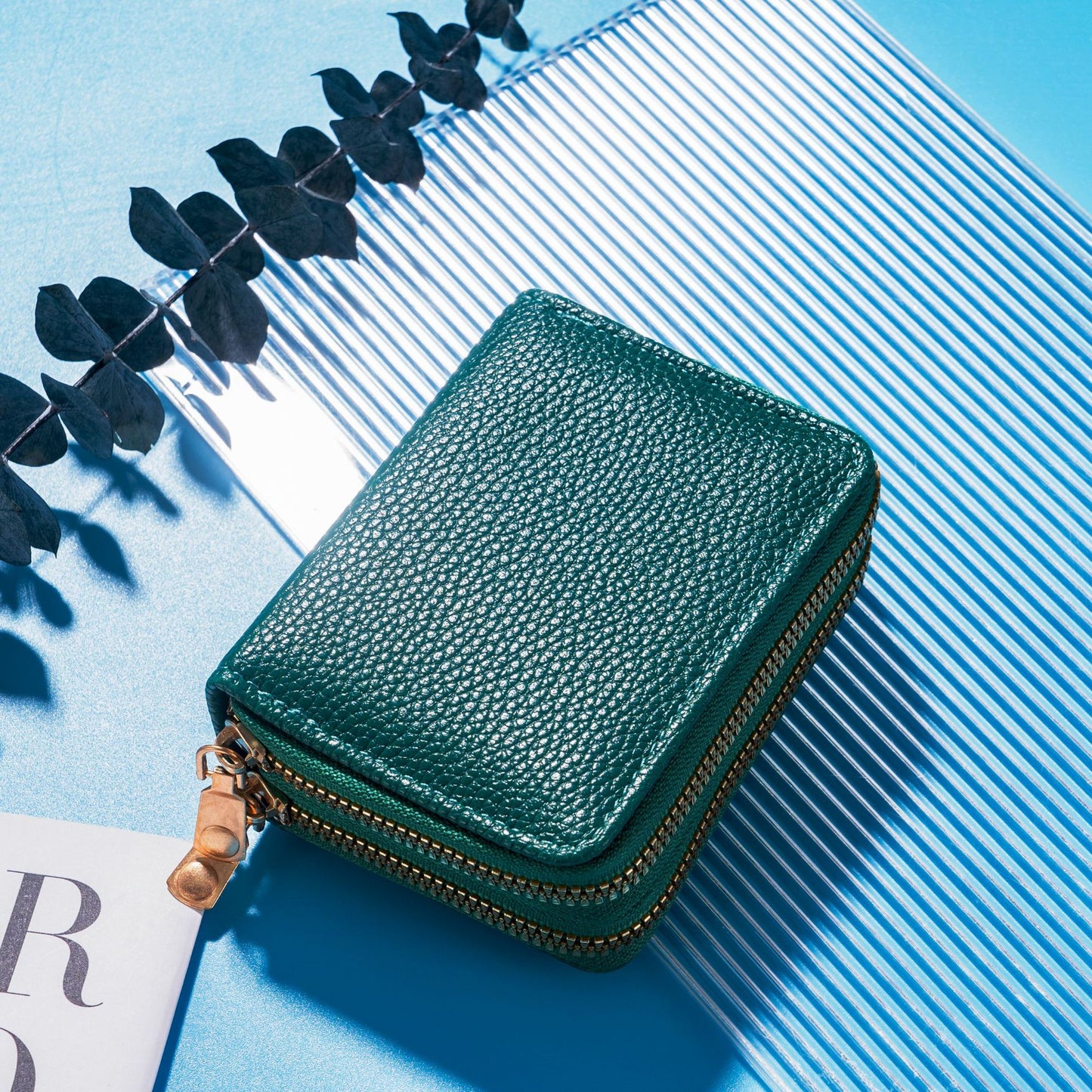 Women's Short Litchi Pattern Double Zipper Document Card Holder