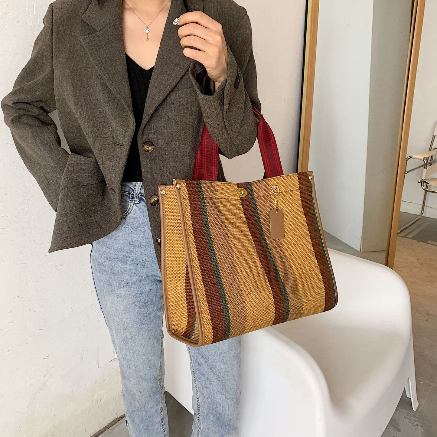 Elegant Women's Fashionable Canvas Striped Broadband Handbags