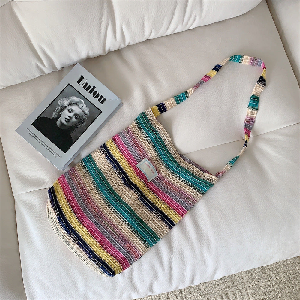 Women's Wool Knitted Contrast Color Rainbow Striped Shoulder Bags