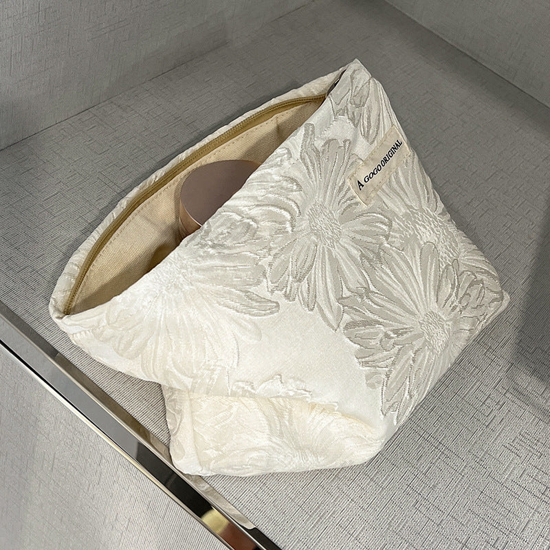 High-grade Pure White Lotus Texture Printing Large Makeup Bag
